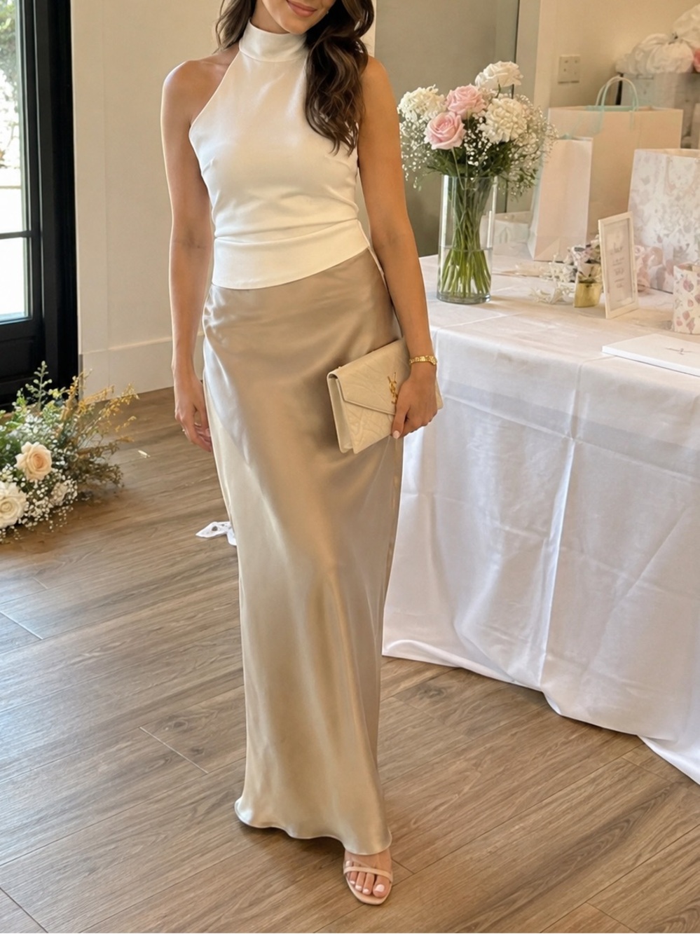 Thirty Thirty Satin Slip Maxi Skirt Small Champagne Beige Y2K Minimalist